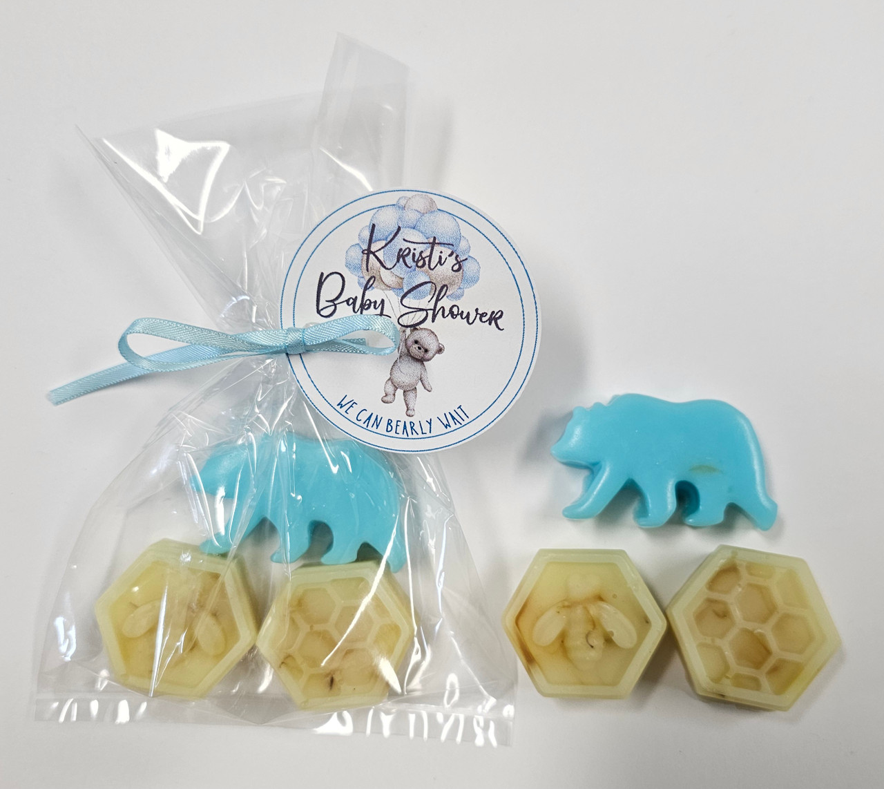 bear with bee soap party favor with personalized tags